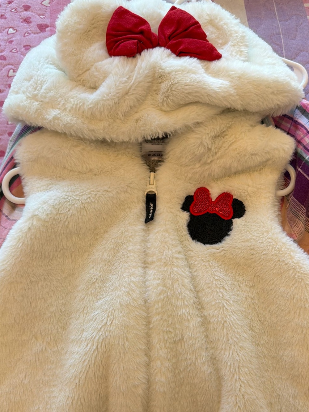 Cream Plush Hooded Vest with Red Bow Minnie Detail